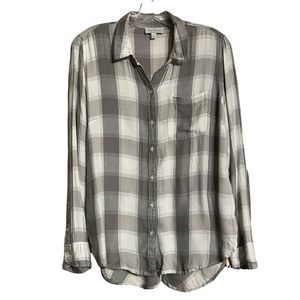 Lucky Brand Gray White Plaid Button Up Split Back Long Sleeve Shirt Sz M EUC